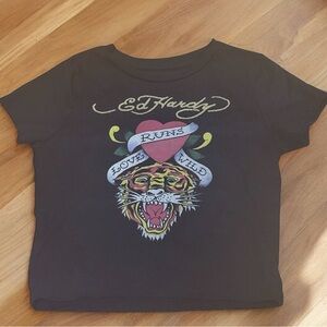 ‼️SOLD Ed Hardy Love Runs Wild Black Crop Tee with Tiger and Banner Design